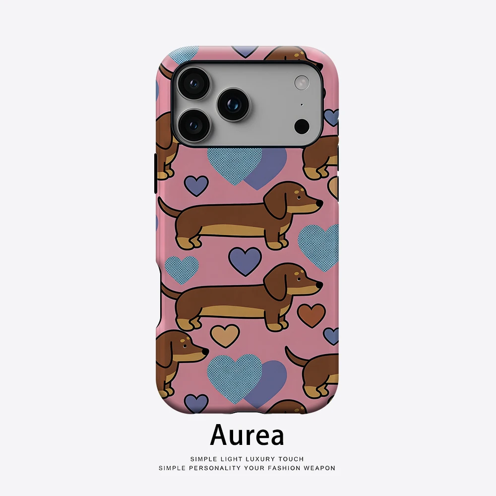 Aurea Case Matte Bumper für MagSafe Hülle für iPhone 18 17 16 15 14 Plus 13 Pro Max Stoßfeste Harte PC-Hülle Rosa Dackel Herz-Print