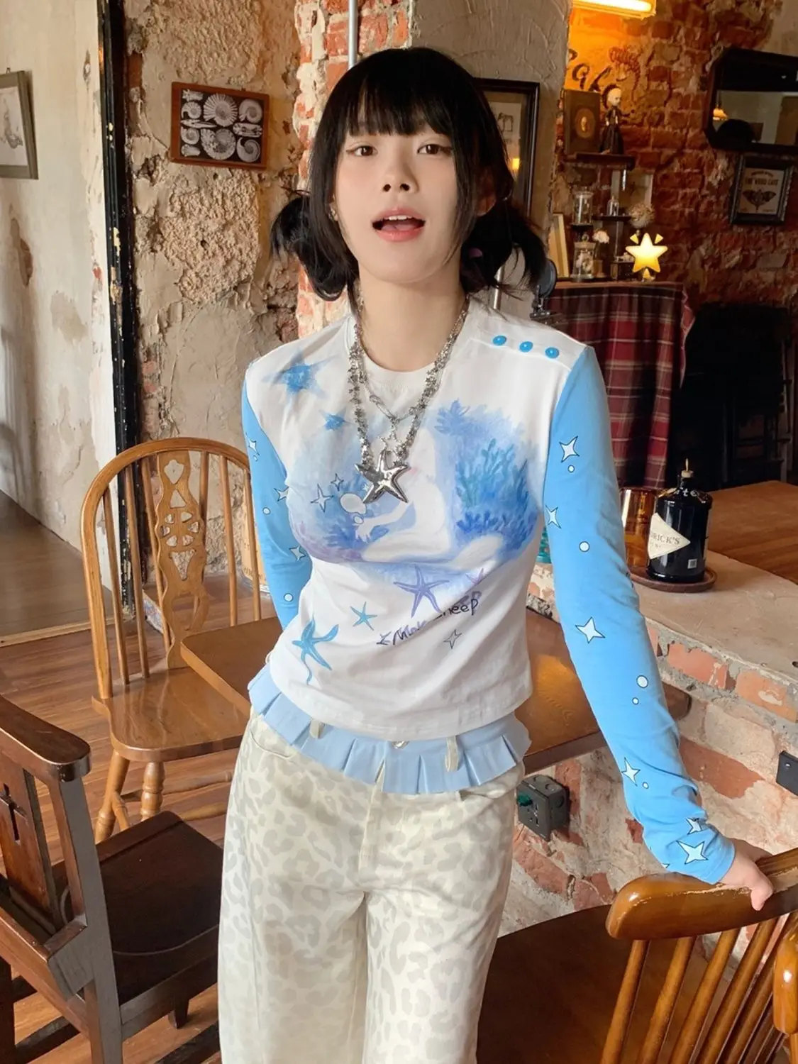 Y2K-pantalones con estampado de leopardo para mujer, pantalón holgado de pierna recta, diseño adelgazante con falda superpuesta, pantalones de moda en capas