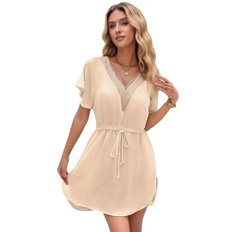 ABUE-Women's Swimsuit Cover Up Short Sleeve Loose Beachwear Deep V-Neck Beach Dress