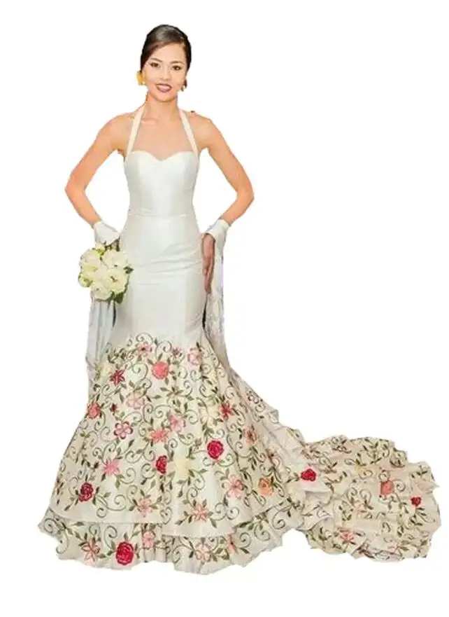 Vestidos de novia de sirena bordados Vintage, fiesta de estilo mexicano para novia, Halter, espalda abierta, satén, vestidos de novia de campo occidental