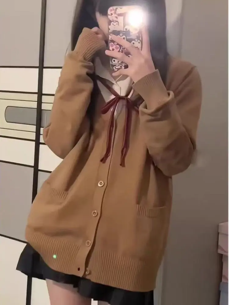 

Ранняя осень, японский Sle Commute orm, вязаный длинный све, свободная верхняя одежда, школьное ветровое пальто, открытый кардиган, универсальный Jaet