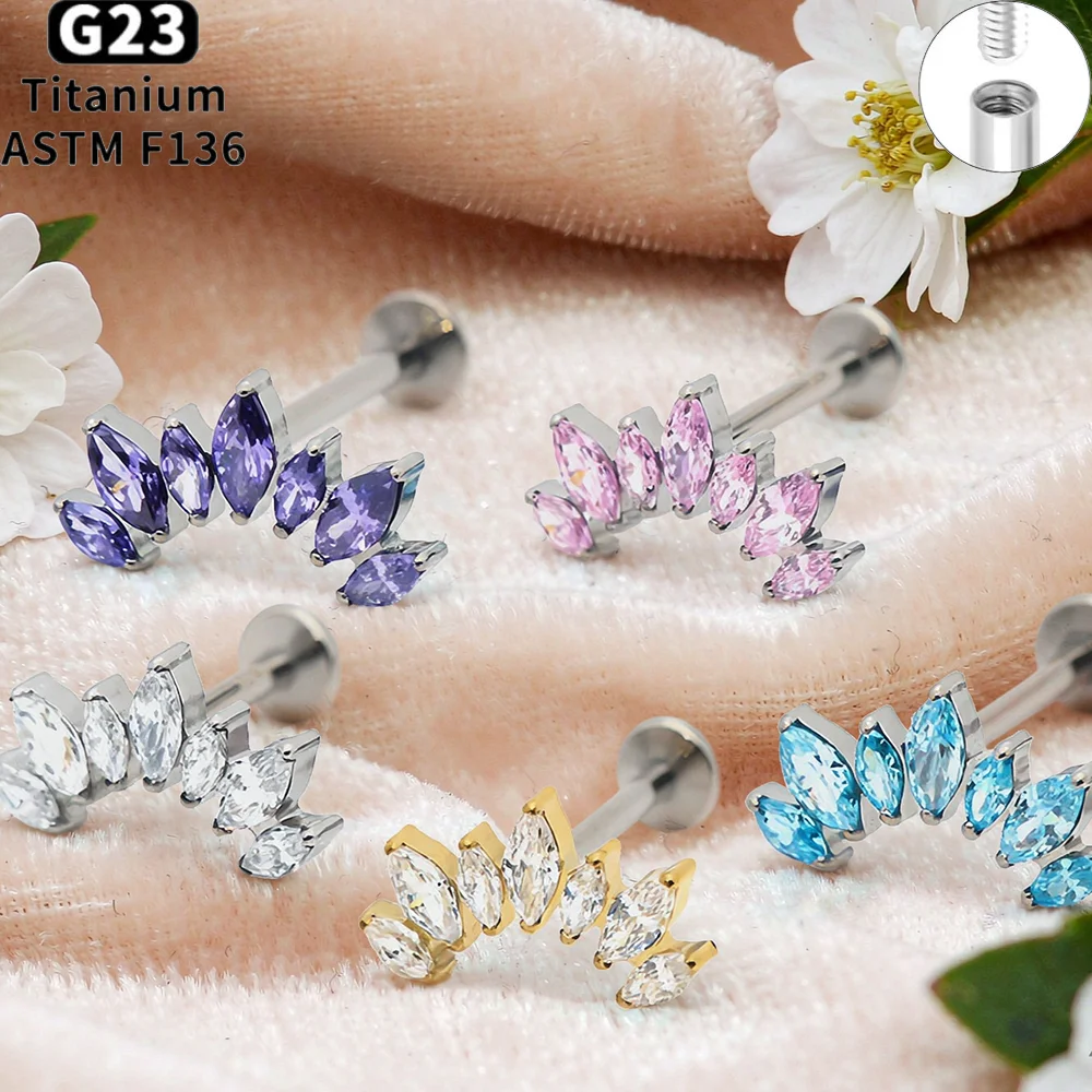 G23 Titanium Lip Rings Marquise CZ Flat Back Internally Threaded Labret Tragus Helix Cartilage Earrings - Jewelry Accessory