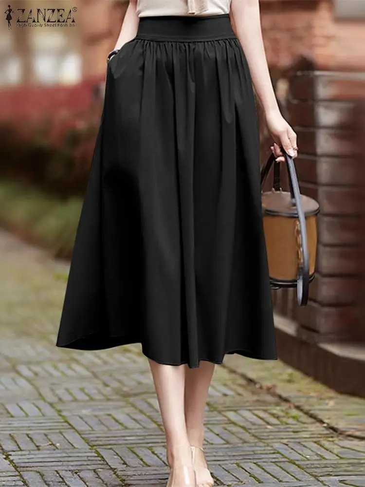 

ZANZEA 2024 Summer Thin Swing Pocket Faldas Women Long Skirt A Line Dress Fashion High Waist Long Jupe Casual Loose Midi Skirts