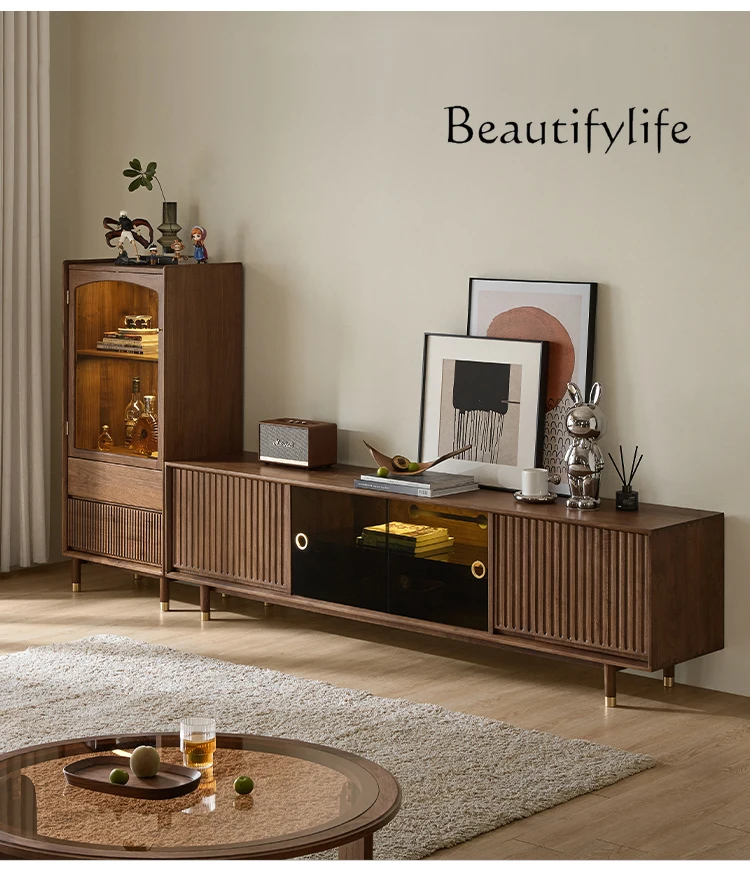 

Nordic TV Cabinet Unit Floor Black Walnut Mild Luxury Retro Small Apartment Living Room Floor Cabinet