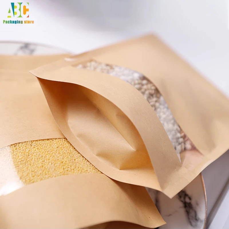 Hot Sales Kraft Paper Standing Clear Window Bag, Nut Cookie Food Pouch, Coffee Tea Packaging Bags, Custom Logo