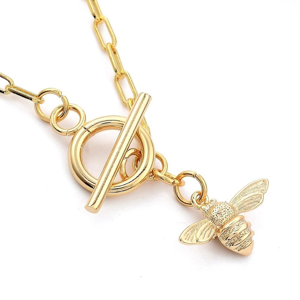 1pcs Brass Pendant Necklaces with 304 Stainless Steel Toggle Clasps Bees Real 18K Gold Plated 17.91 inch(45.5cm) 2.5mm