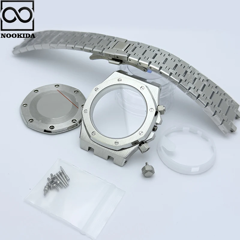 Nookida 42mm 316l aço inoxidável safira cristal caixa de relógio caber quartzo vk63 movimento relógio caso cinta peça reparo