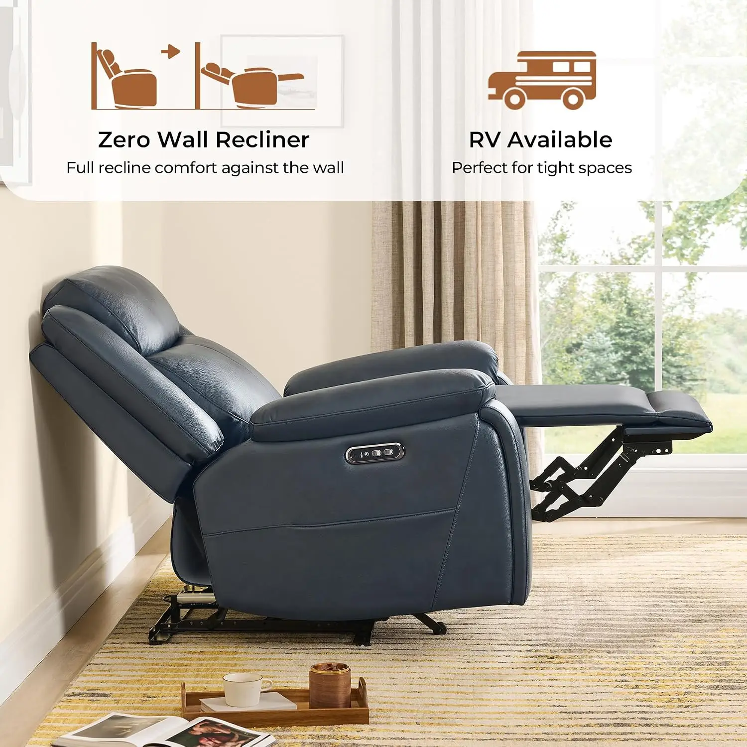 Genuine Leather Power Recliner Chair, Zero Wall Hugger, Navy
