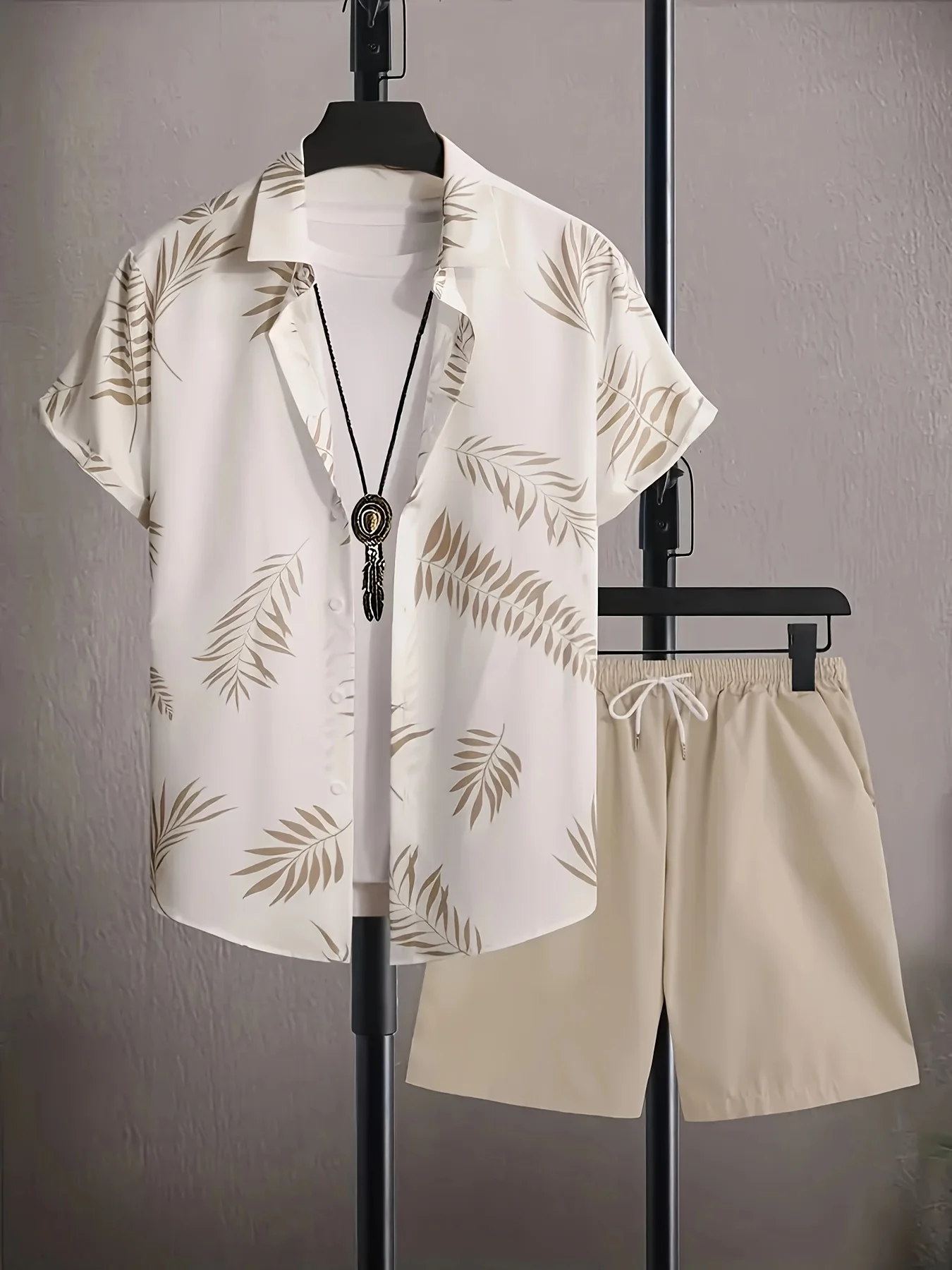 Hawaiian Set Plant Leaf Print Men's Shirt Set Short-Sleeve Shirt Casual Plus-Size Beach Shorts Two-Piece Set Streetwear