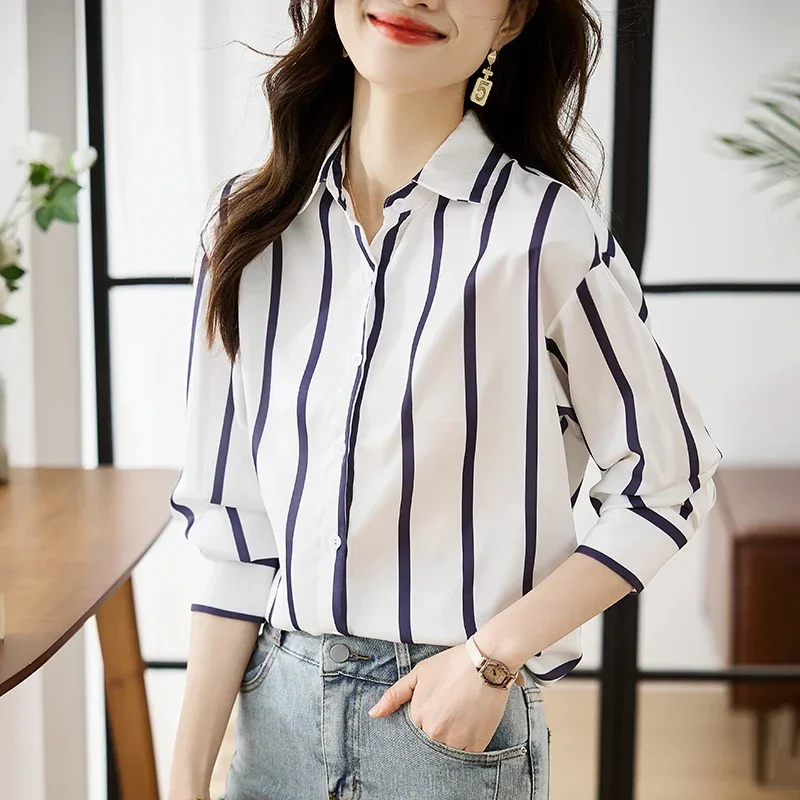 Fashion Long Sleeve Women Shirt Striped Turn Down Collar Chiffon Shirt Blouse Shirts Women Tops Camisas Blusa Blusas Shirts M352