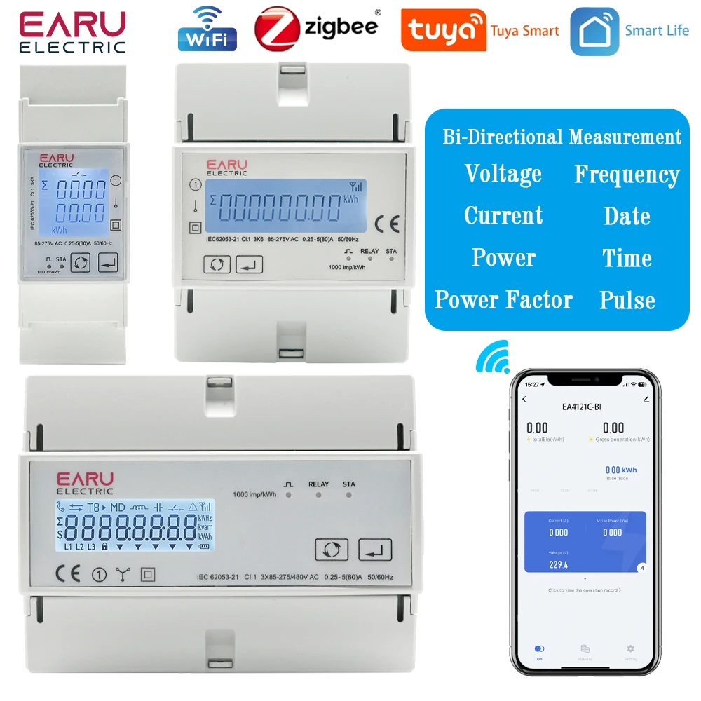 80A Tuya WiFi Smart ZigBee Three Phase Bidirectional Energy KWh Meter Monitor Wattmeter Support Modbus Voltage Current Switch