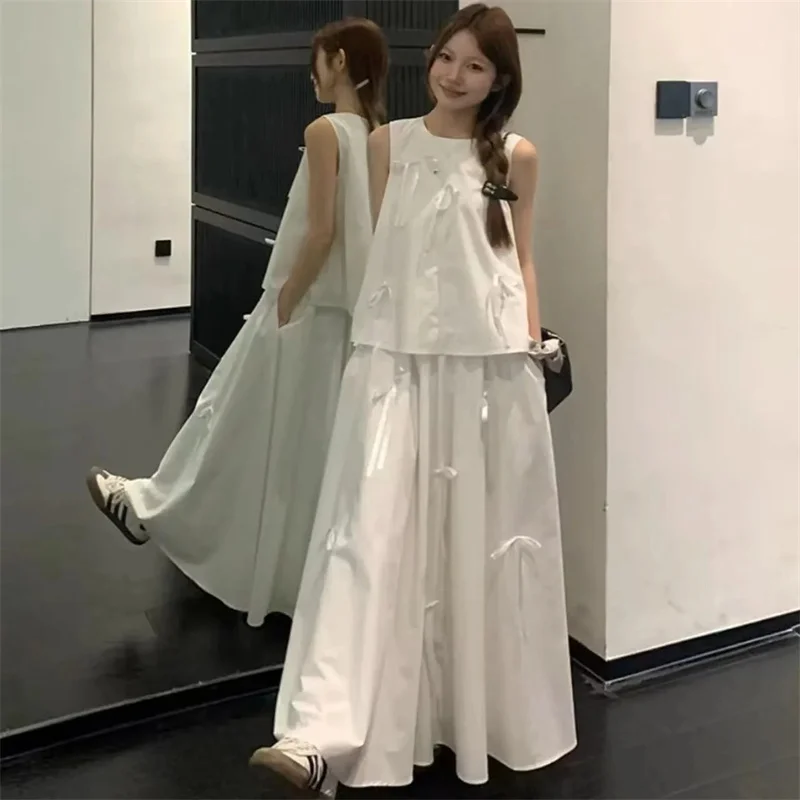 Sweetly Women's Summer Suits Design Three-Dimensional Bow With Loose White Sleeveless Shirt And High Waisted Skirt Two Piece Set