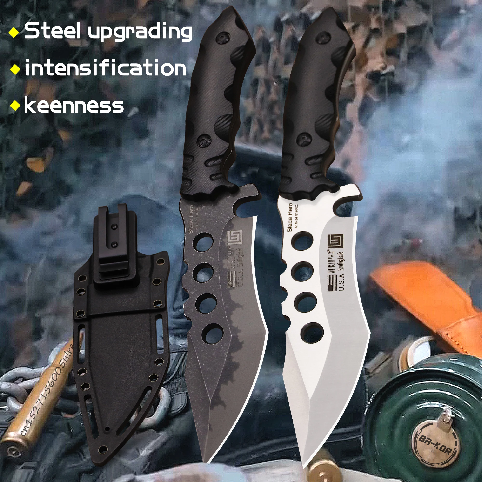 WPKOPYA USA ATS-34 Outdoor Full Tang Hunting Straight Knife +K Sheath, jungle rescue defense knife, Camping survival EDC knife