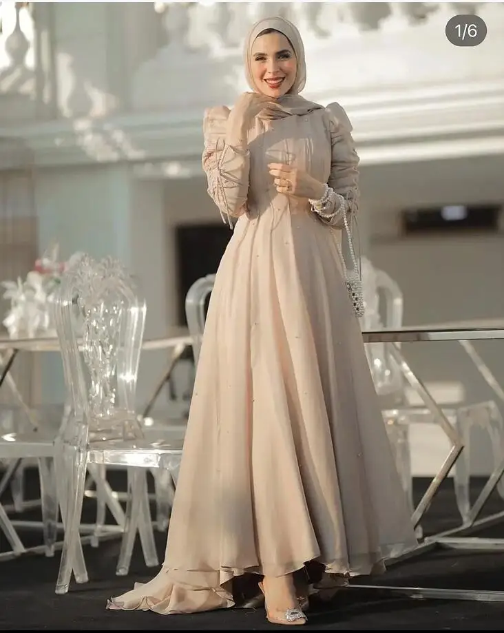 

OLOEY Modest Dubai Arabic Women Evening Dresses Long Sleeves Jewel Neck Pearls Floor Length Prom Gowns Formal Party Dress Hijab