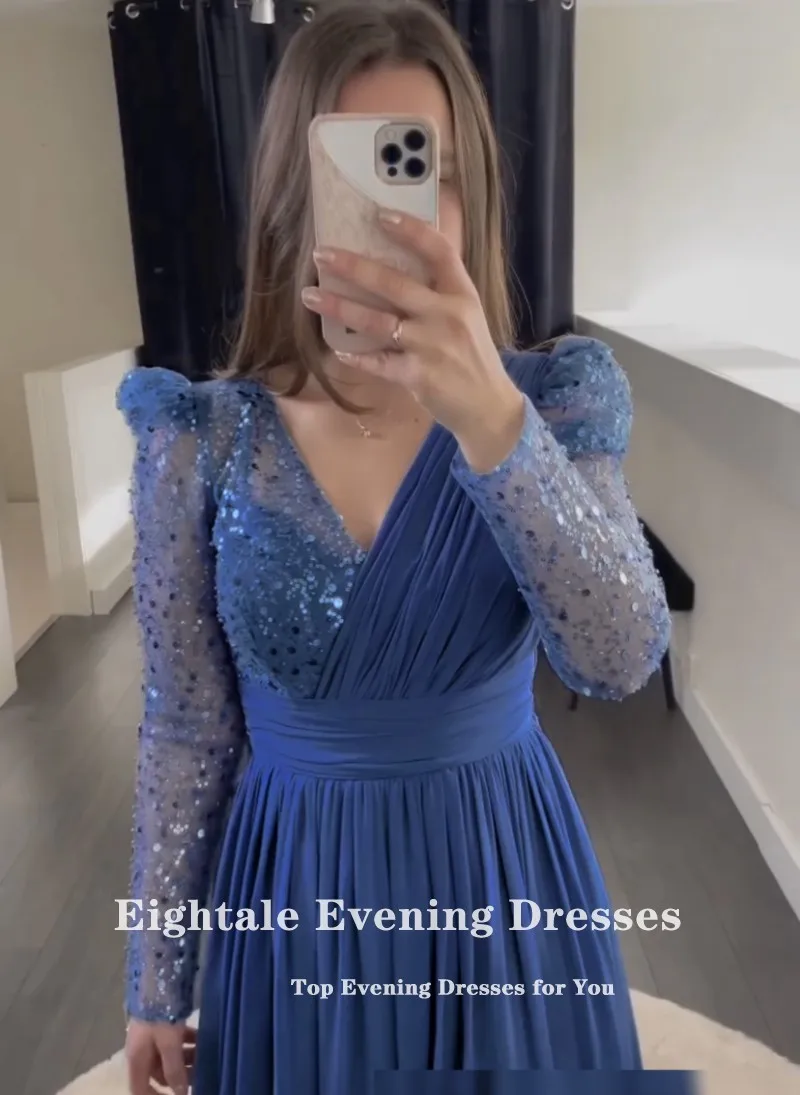 Eightale Evening Dress for Wedding Party V-Neck Long Sleeves Chiffon Blue Customized Sparkly Arabic Prom Gown vestido de noche