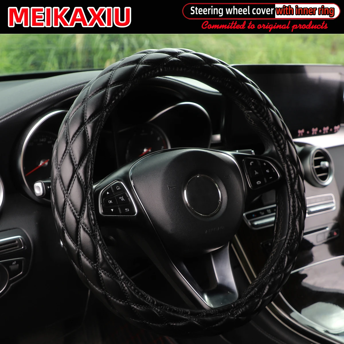 Diamond-Pattern Embroidered PU Sheepskin Steering Wheel Cover Foldable Inner Ring for O-Shaped/D-Shaped Cars - 36/37/38CM