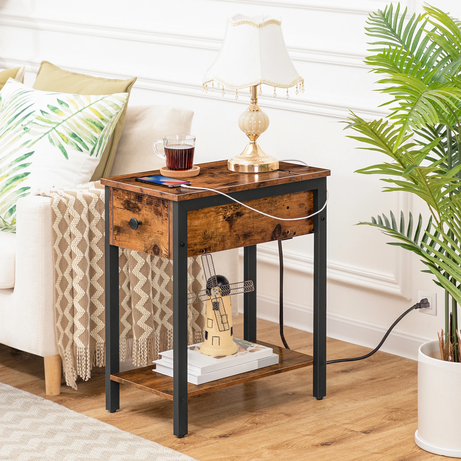 

Side Table with Charging Station Narrow End Table Small Nightstand Bedside Tables with Drawer coffee tables for living room