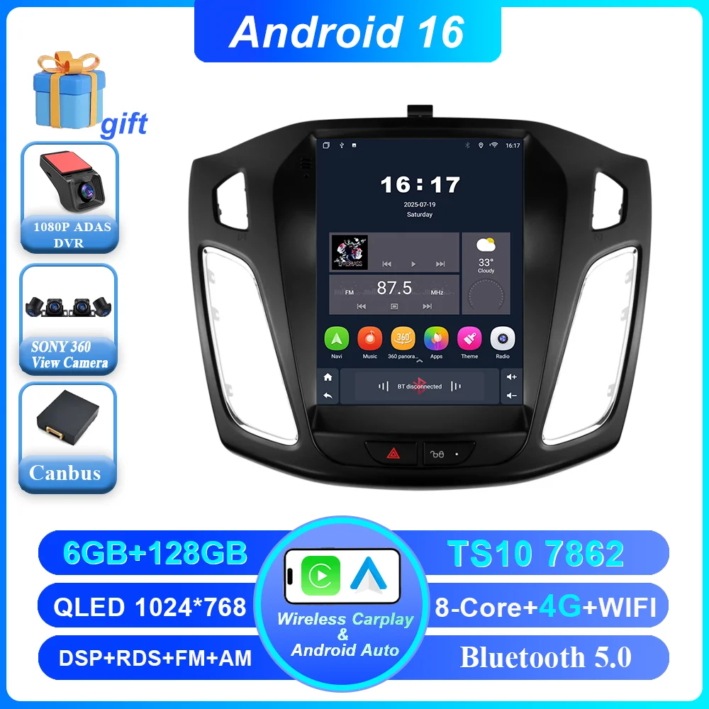Android 16 Autoradio Stereo Voor Ford Focus MK3 2011-2019 Auto GPS Navigatie Multimedia Speler GEEN 2Din DVD 4G Draadloze Carplay