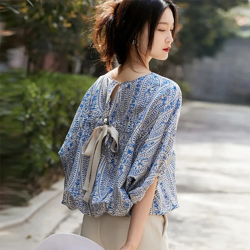 

New Elegant Blouses Women Vintage Bow Bandage Print Shirts Office Lady Summer Korean Batwing Sleeve Casual All Match Chic Tops