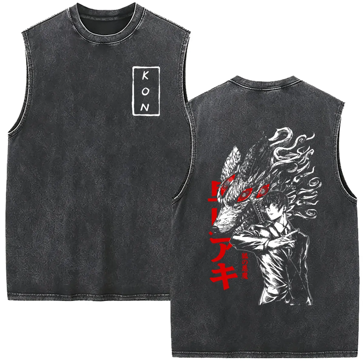 Anime Chainsaw Man Washed Vintage Tank Tops Hayakawa Aki Summon Kon Fox Devil Sleeveless Vest Men Women Manga Fashion Streetwear