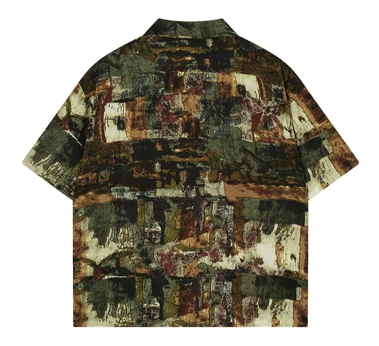 Summer New Men's Oil Painting Graffiti Print Short Sleeve Shirt Casual Loose Streetwear Retro Aesthetic Blouse for Daily Wear