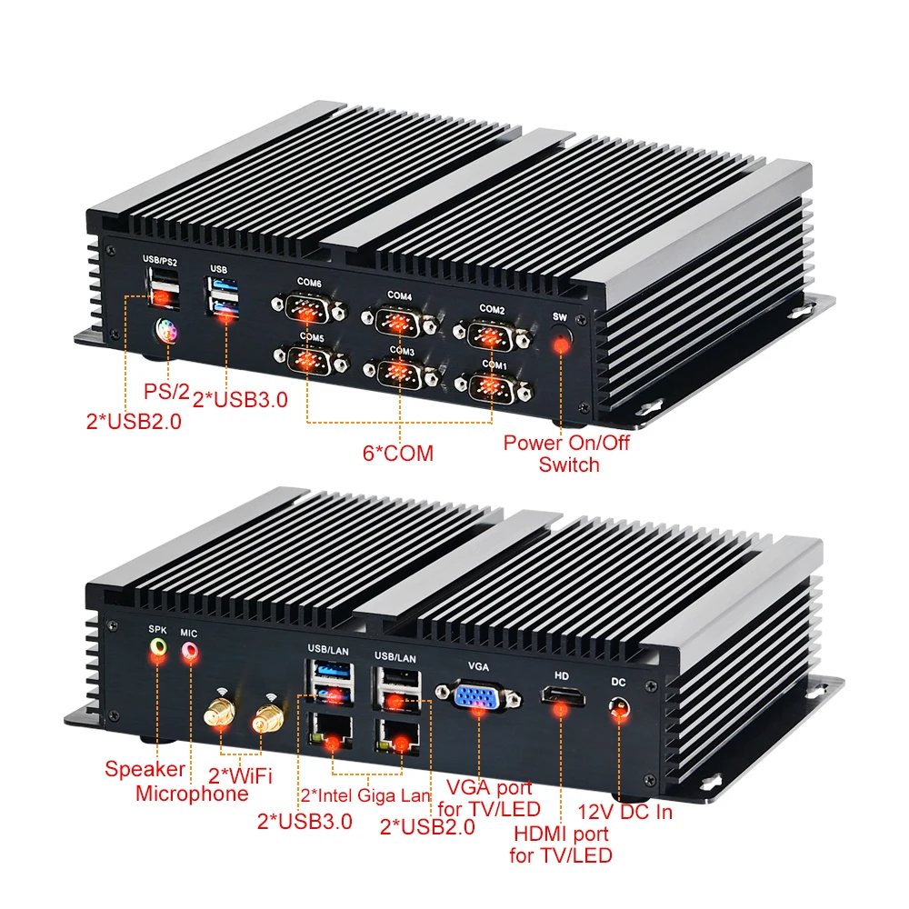 2025 12V Industrial Mini PC Fanless with I7 10510U SIM 6COM Rugged Embedded Barebone Computer