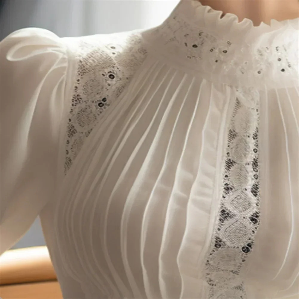 2025 Spring Ladies Patchwork Lace Hollow Out Long Sleeve Shirt Tops New Korean Fashion Women's Solid Color Stand Collar Blouses