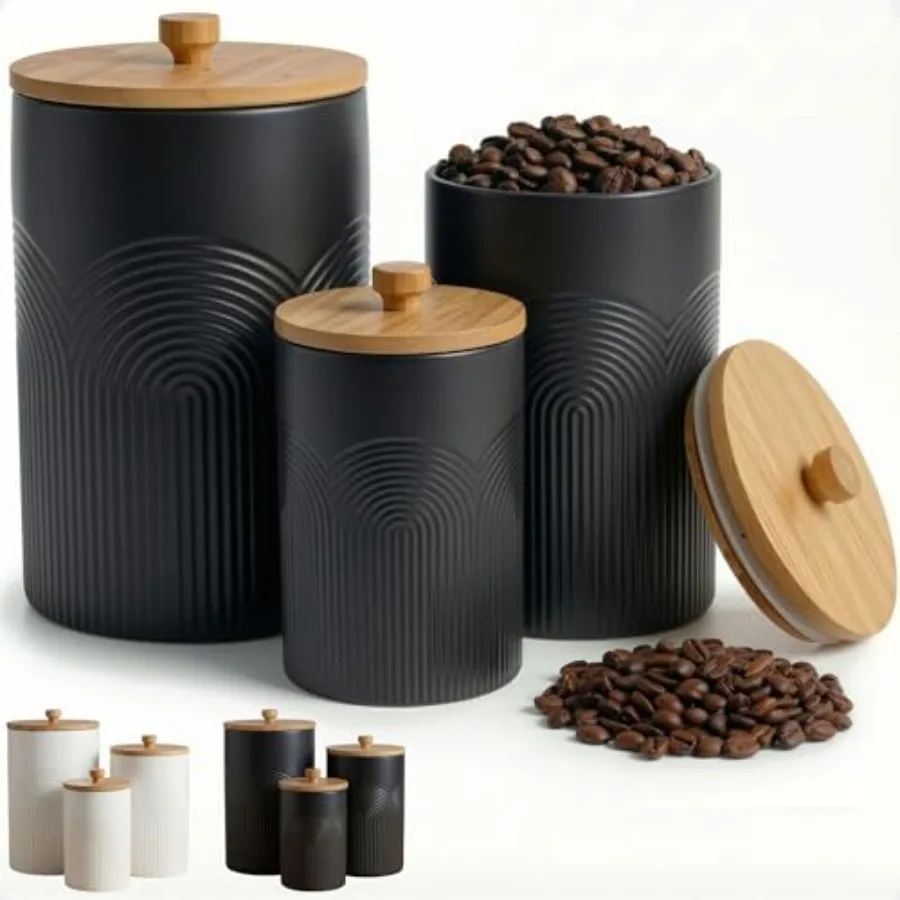 

Ceramic Kitchen Canisters for Countertop Set of 3 with Airtight Bamboo Lids - Kitchen Canisters with Airtight Lids - Flour Suga