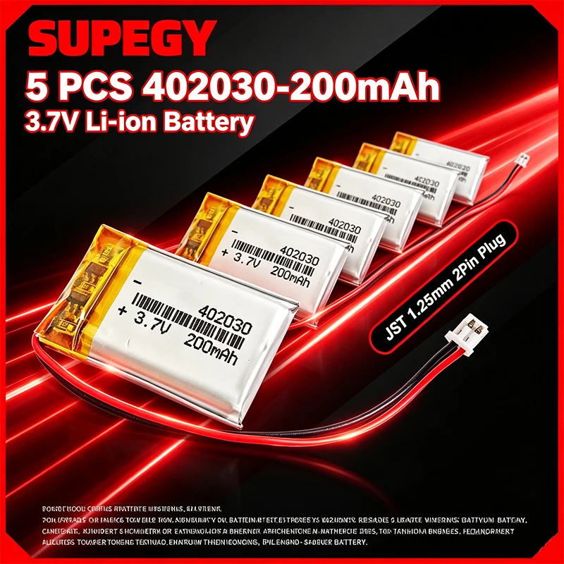 3.7V 200mAh 5pcs Polymer Lithium Lipo Battery Rechargeable 402030(JST 1.25mm 2Pin Plug) CE FCC ROHS MSDS quality certification