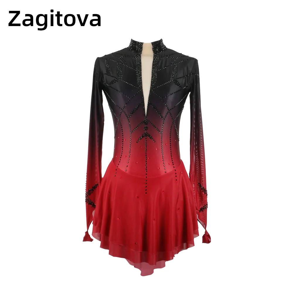 ZAGITOVA Figure Skating Dress Women Girls Ice Skating Mesh Skirt Rhinestones Performance Competition Black Red Purple Gradient