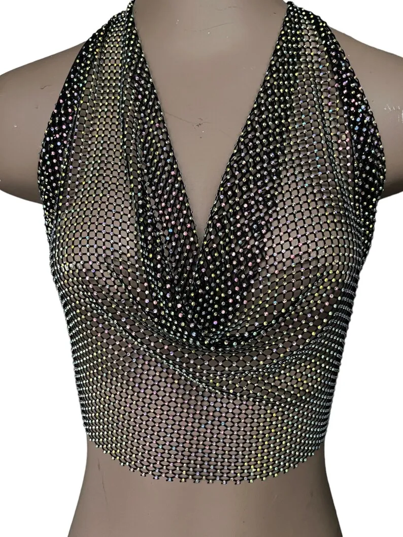 Damen Neckholder-Top mit Strass und Netzstoff, Cowl-Ausschnitt, Rückenfreies Wickeltop mit Selbstbindung, Transparentes Club-Party-Oberteil, Ärmellos, Sexy Bikini-Überzug – Detail 6