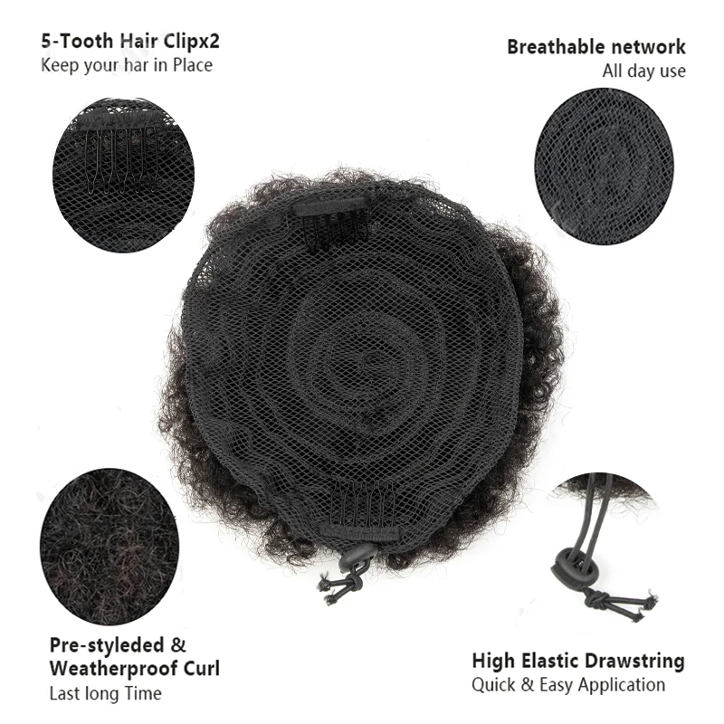 Afro Kinky Curly 100% Human Hair Drawstring High Buns Ponytail Clip in Updo Extensions Soft for Women 4 6 8 inch Sizes