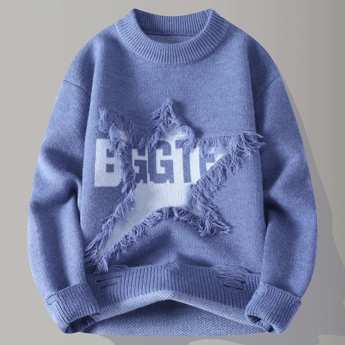 Edgy Star Fringe Knit Sweater – Distressed Lettering Crewneck for Men