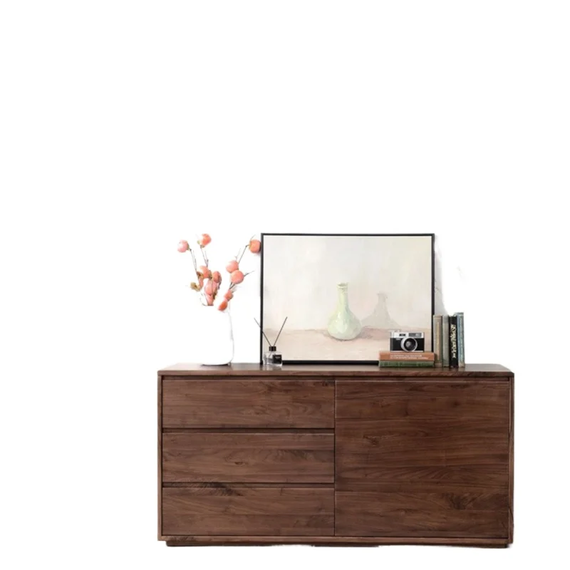 

Nordic all-black walnut dresser storage cabinet integrated simple desk storage chest retractable mobile table