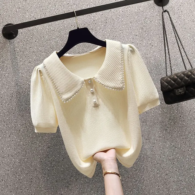 Sweet Woman T Shirts 2026 Ropa Mujer Peter Pan Collar Short Sleeve Beading Tees Summer Camisetas Oversized Tops Korean Camisetas