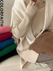 Colorfaith SW5097JX New 2023 Chic Korean Fashion Elegant Vintage Turtleneck Sweaters Split Knitting Women Autumn Winter Tops