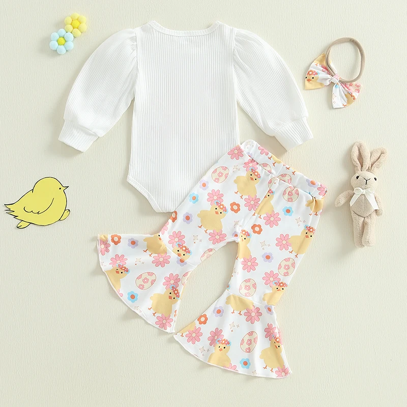 Adorable Baby Girls 3-Piece Outfit Set with Long Sleeve Chick Print Romper Floral Flared Pants and Matching Headband - Cute