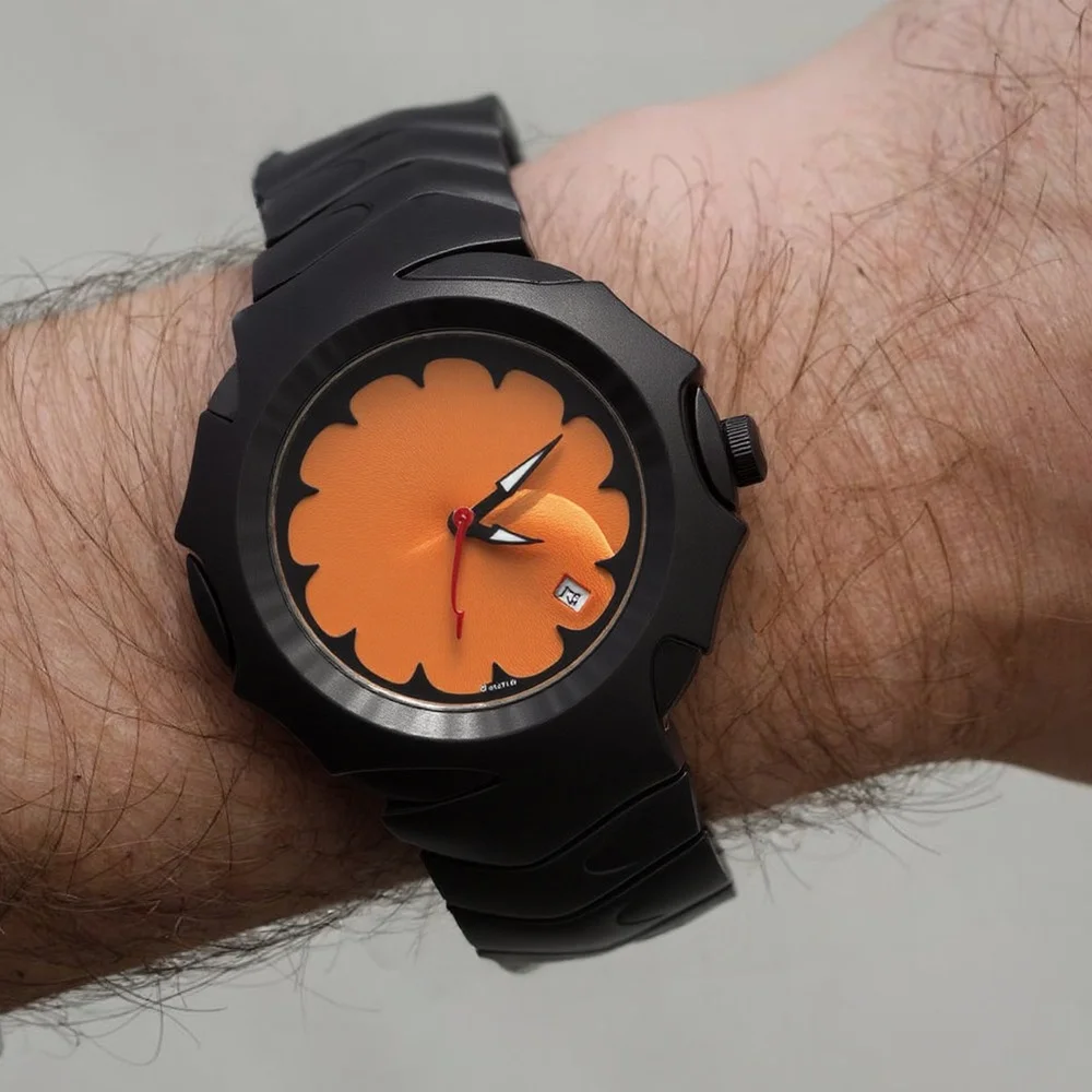 

Y2k Dpecial Blade Design Style Кварцевые часы Мужские креативные лезвия Дизайн Черный корпус Оранжевый циферблат Высококачественная сталь Уникальные мужские часы
