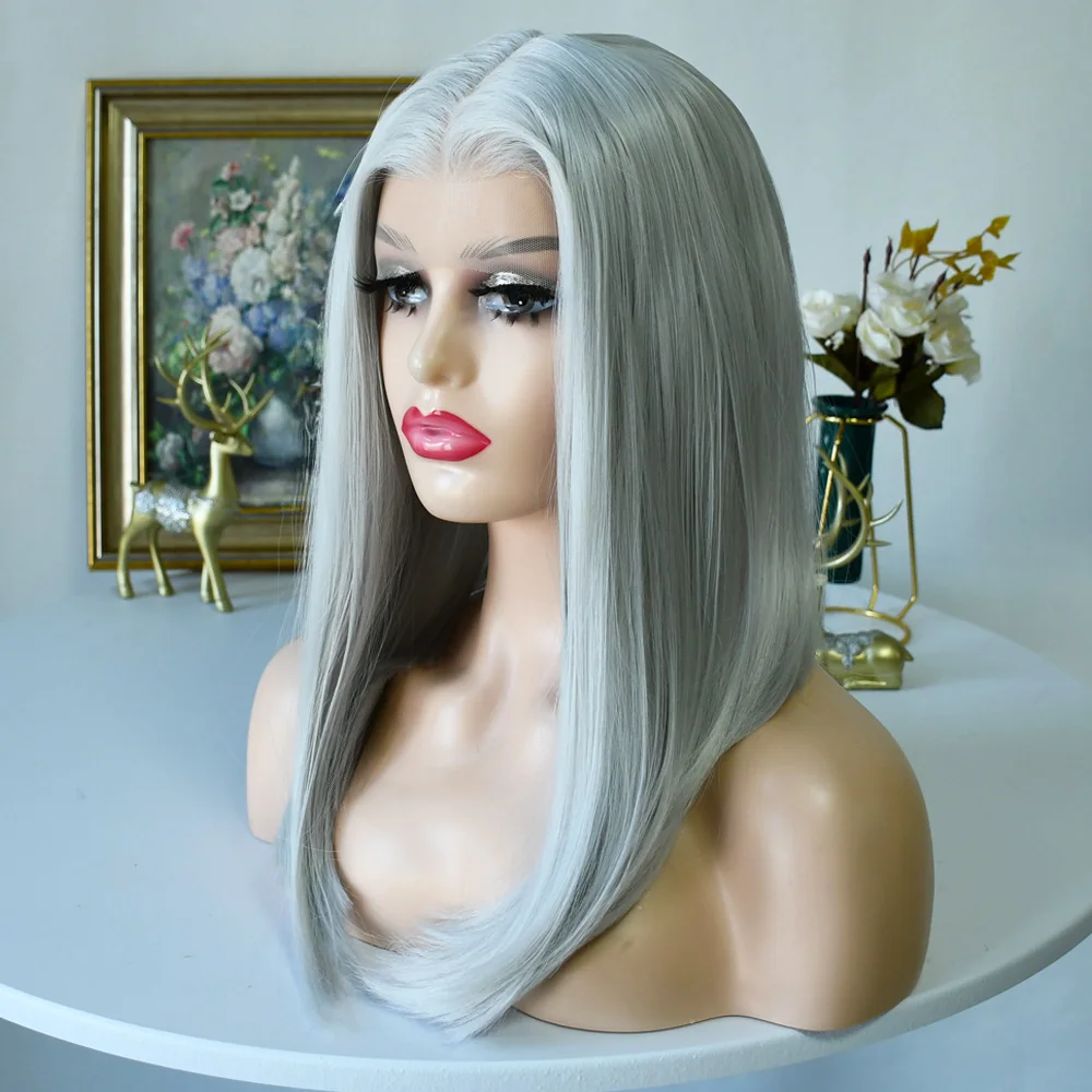 Kurze Bob-Perücke, silbergrau, HD-transparente Spitze-Frontal-Perücken, gerade Bob-Perücken, vorgezupft, 13 x 4 Spitzenfront-Perücken, synthetisch, für Frauen