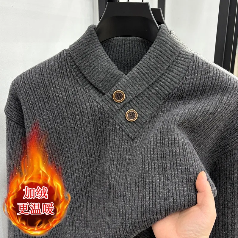 Men Shawl Collar Fleece Lined Sweater Thick Warm Solid Color Knit Pullover For Winter European Style