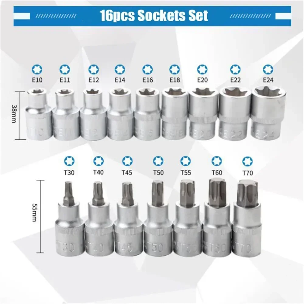 E8BD Torx-Bit-Steckschlüsselsatz, 16-teilig, E10-E24 T30-T70, Cr-V-Stahl-Sternbits, 1/2-Zoll-Antrieb, Reparatur-Handwerkzeuge mit Aufbewahrungskoffer