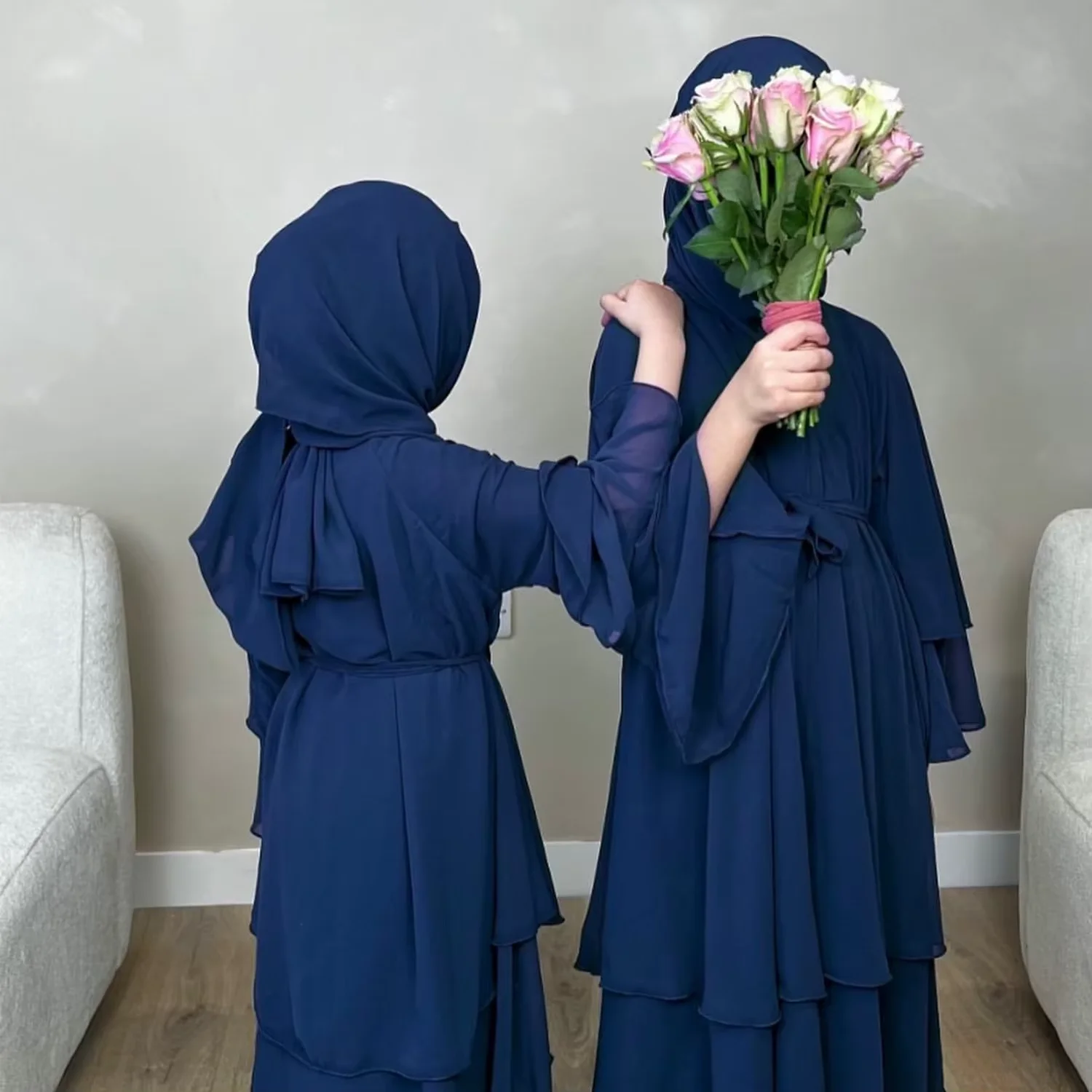 Eid Abaya per bambini Ragazze Donne Musulmane Ruffles Dress Dubai Open Abaya Ramadan Kebaya Islam Jalabiya Kimono Cardigan Caftano Robe