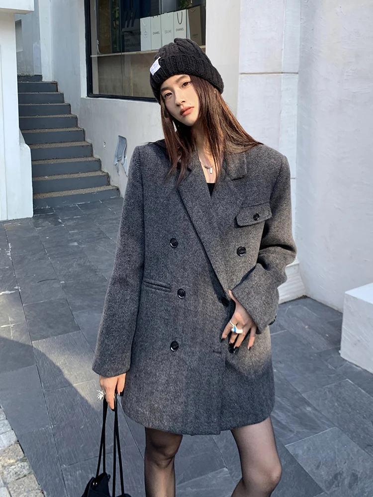 

ay Woolen Suit Jaet for Women Retro Tweed Sle Long Sve Commute Friendly Double Breasted Coat Regular Length