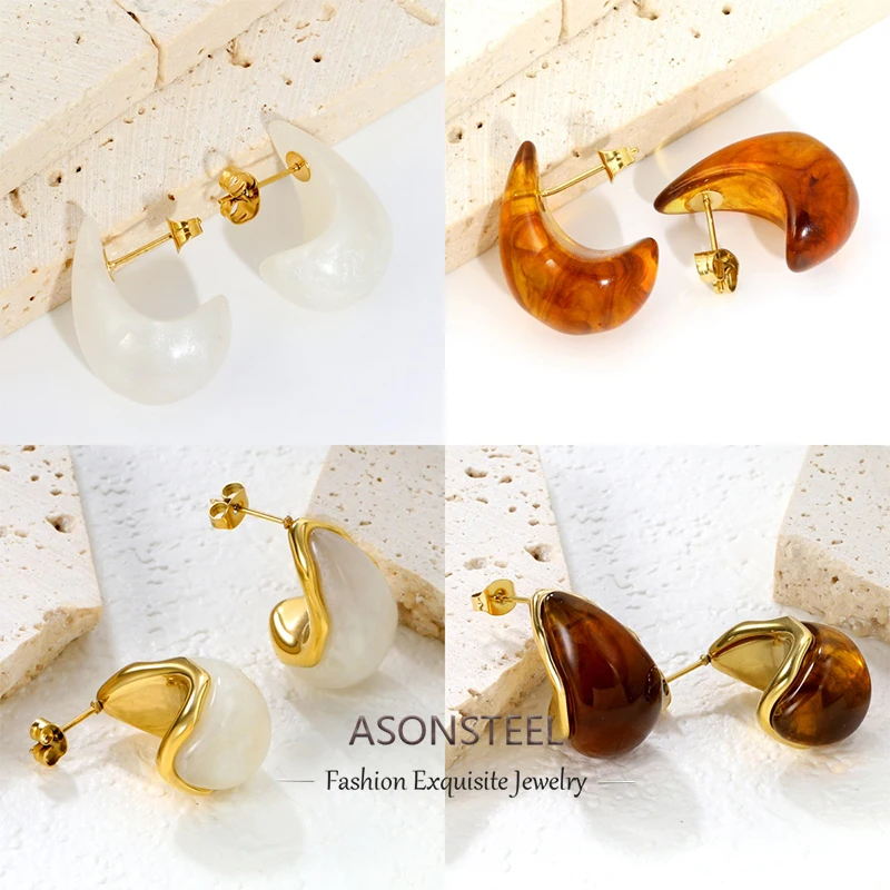 ASONSTEEL Water Droplets Resin Stud Earrings  Amber Brown Stereo Golden Stainless Steel For Women Piercing Ear Birthday Gifts