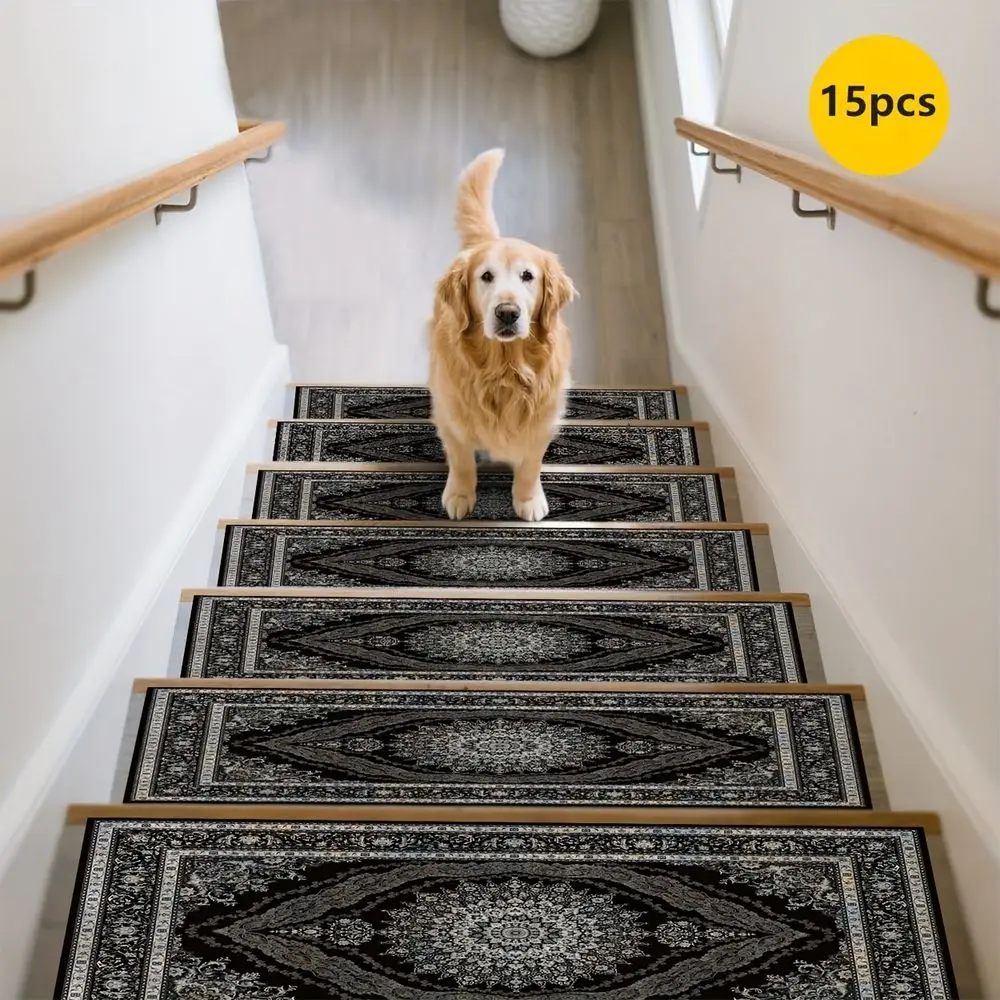 Black Patterned Classic Design Printed Staircase Mat For Elderly And Children Anti-Slip Staircase Tread And Step Protection Rug