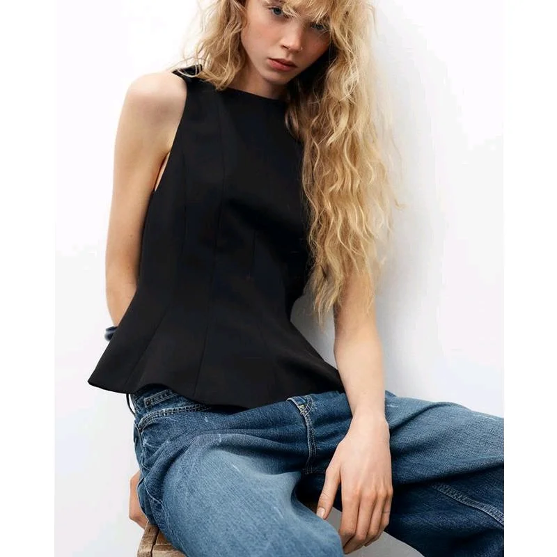 Primavera nuevo estilo Casual de las mujeres cuello redondo sin mangas cuello barco Falda corta csa decoración de nudo de ...