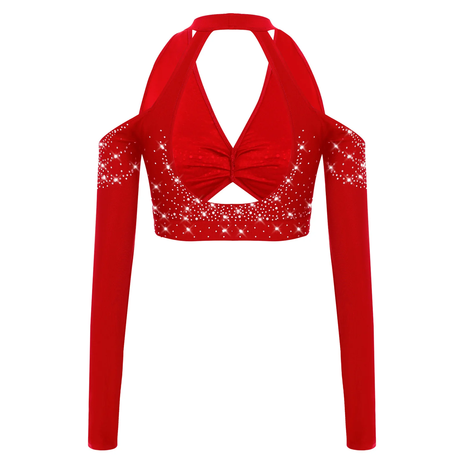 Womens Jazz Latin Ballet Dance Top Shiny Rhinestones Gymnastics Figure Skating Costumes Halter Long Sleeve Backless Crop Top