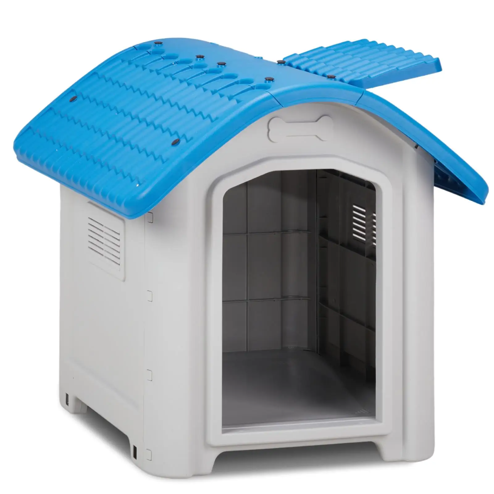 

28-Inch Elevated Plastic Dog House with Adjustable Sunroof for small Dogs - Indoor/Outdoor Pet Shelter, Blue & White