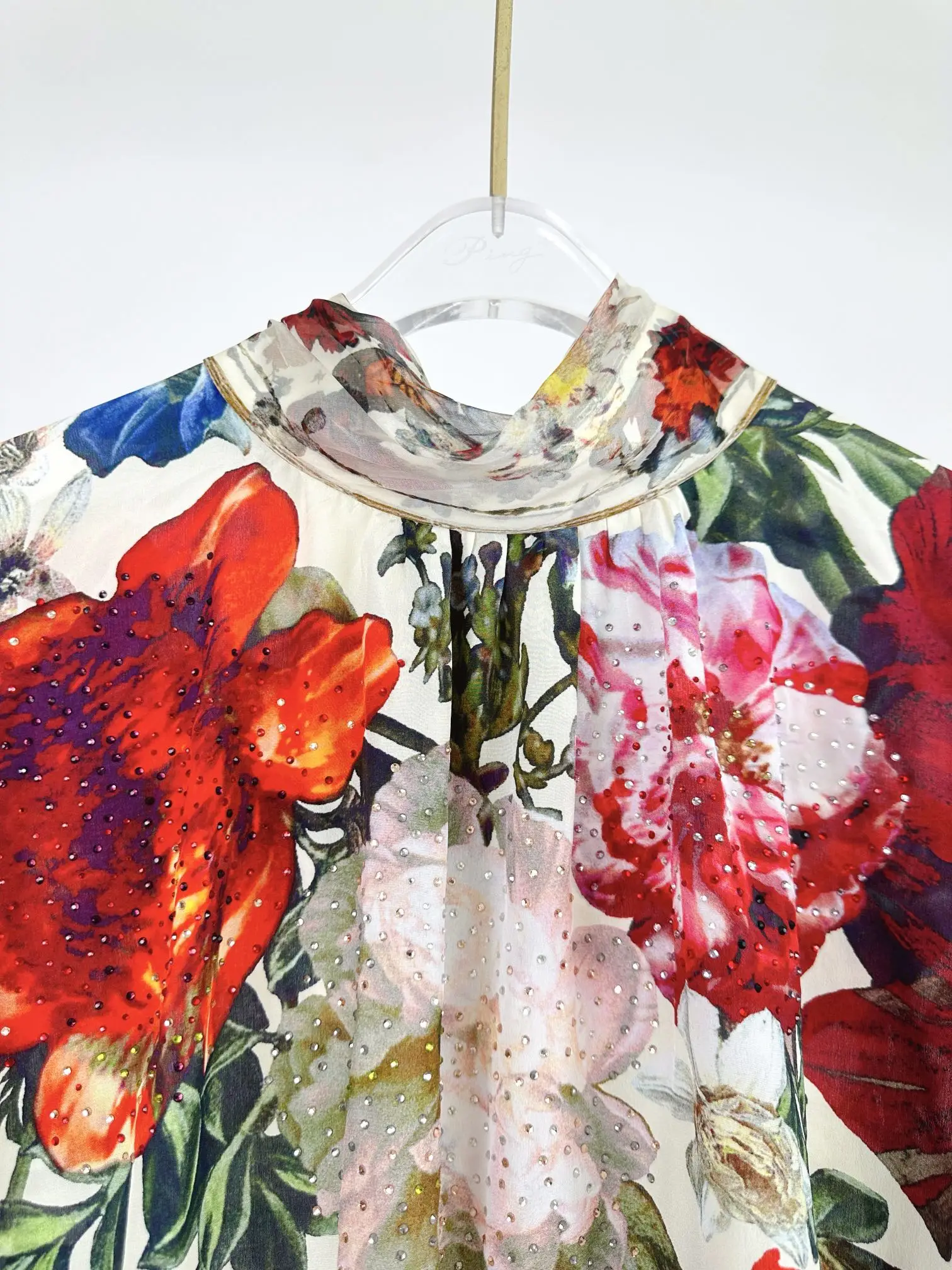 Women Stand Collar Lace-up Flower Printed Full Sleeve Silk Mini Dress