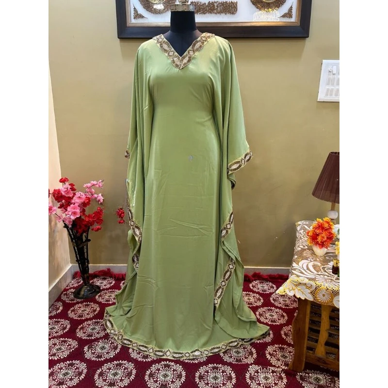 

Olive-Green Kaftan Gold Beaded African Attire Bridesmaid Wedding Dress